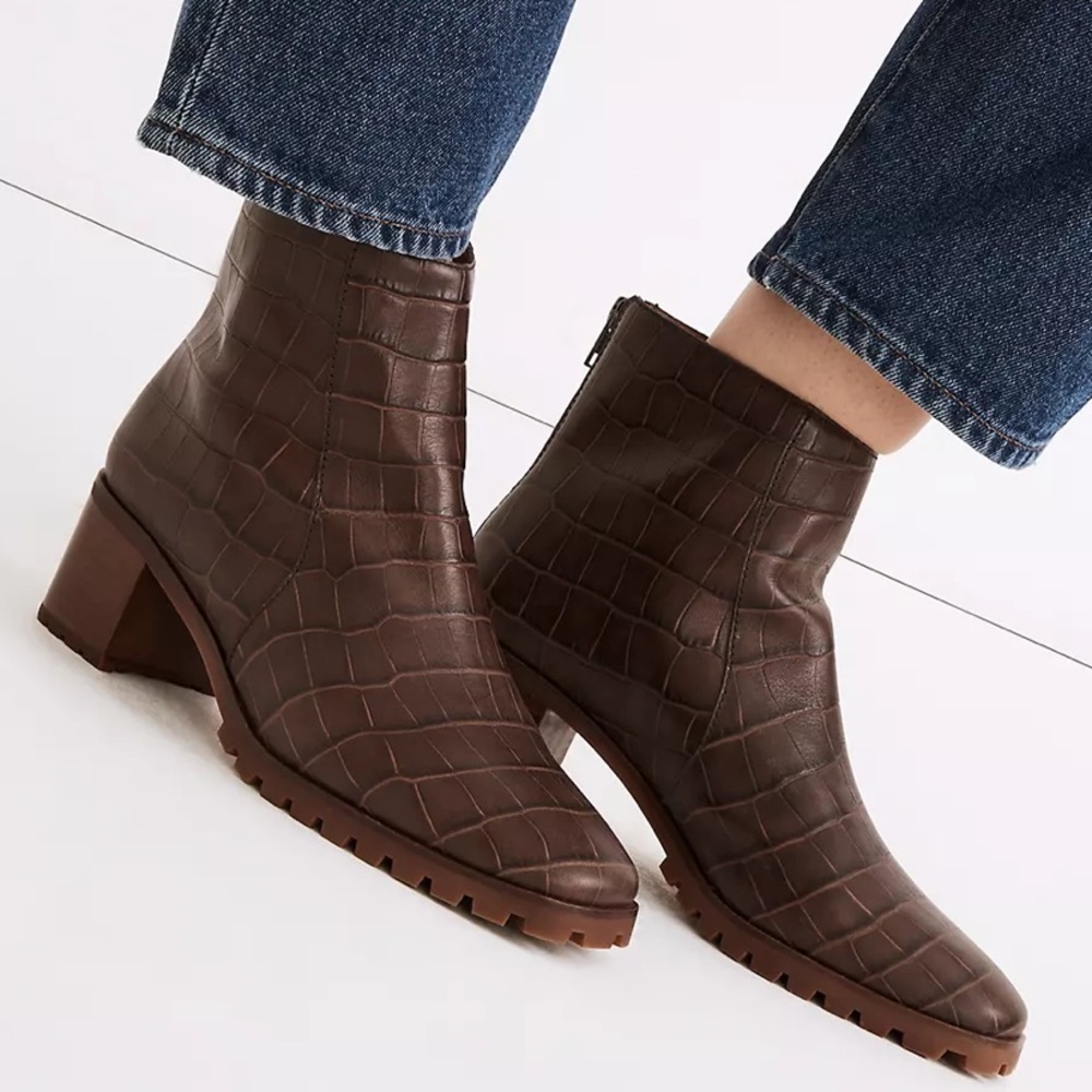 Madewell Croc-Embossed Brown Ankle Boots